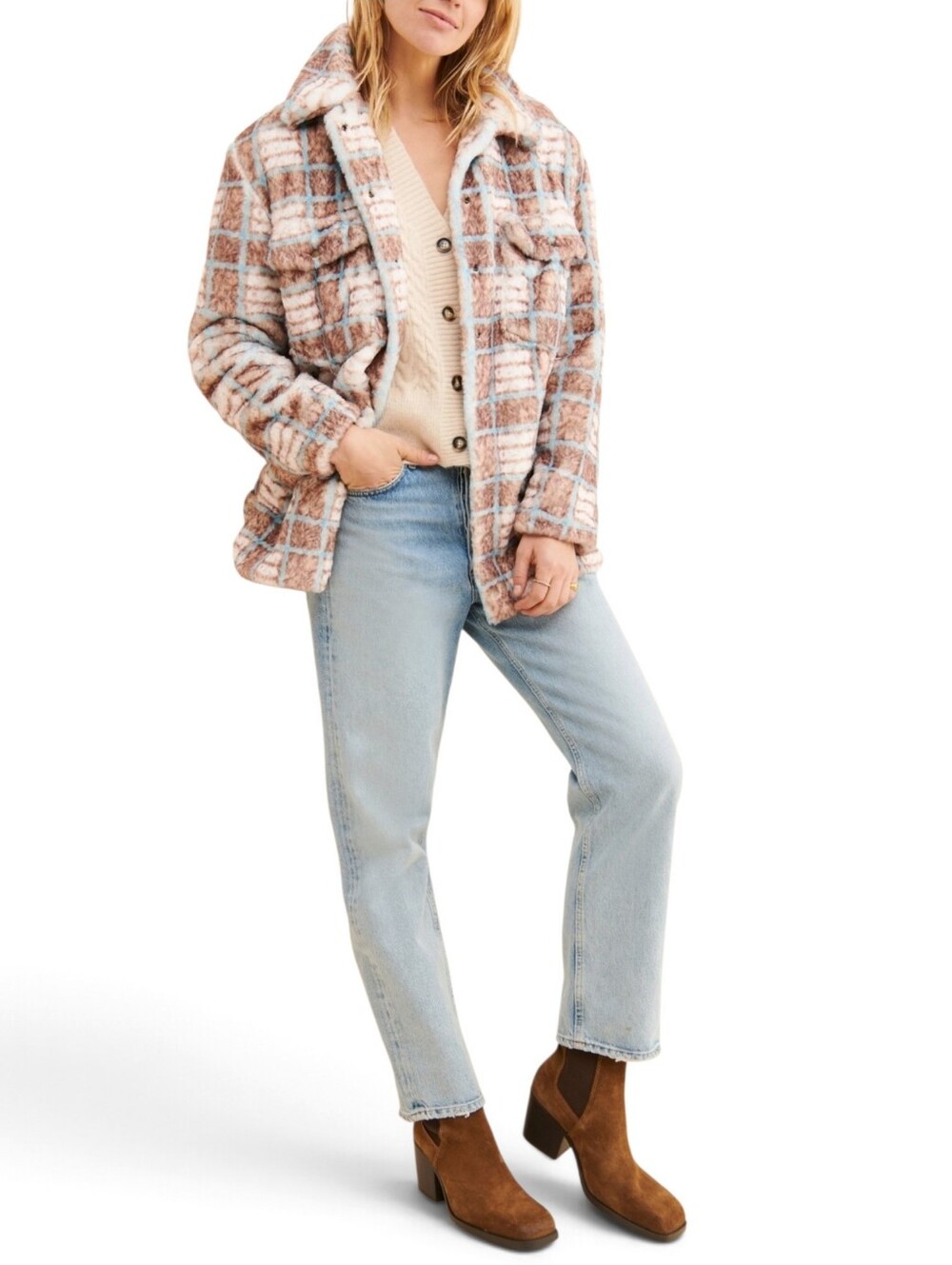 Hutch Plaid Faux Fur Jacket In Broen And Blue Plaid Size Small